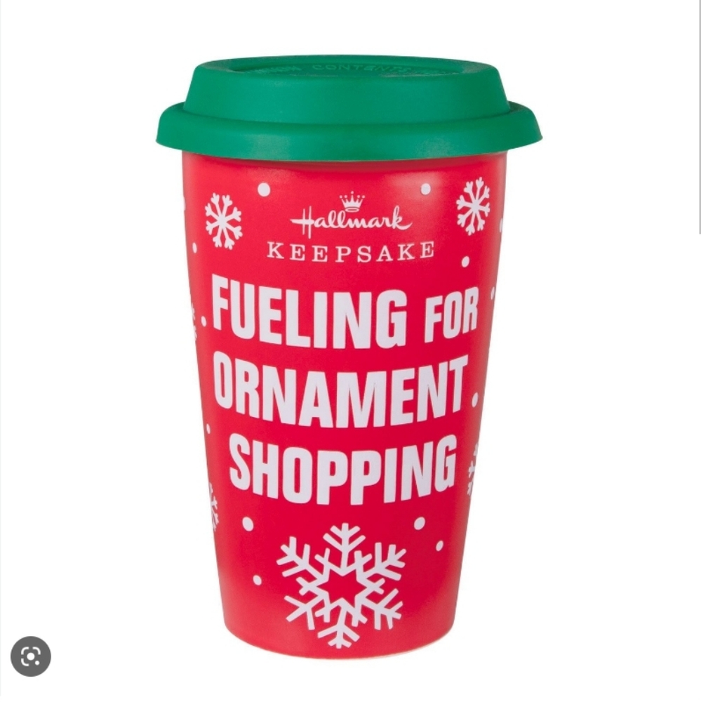 Hallmark "Fueling For Ornament Shopping" Holiday Ceramic Travel Mug W/Lid, NWT